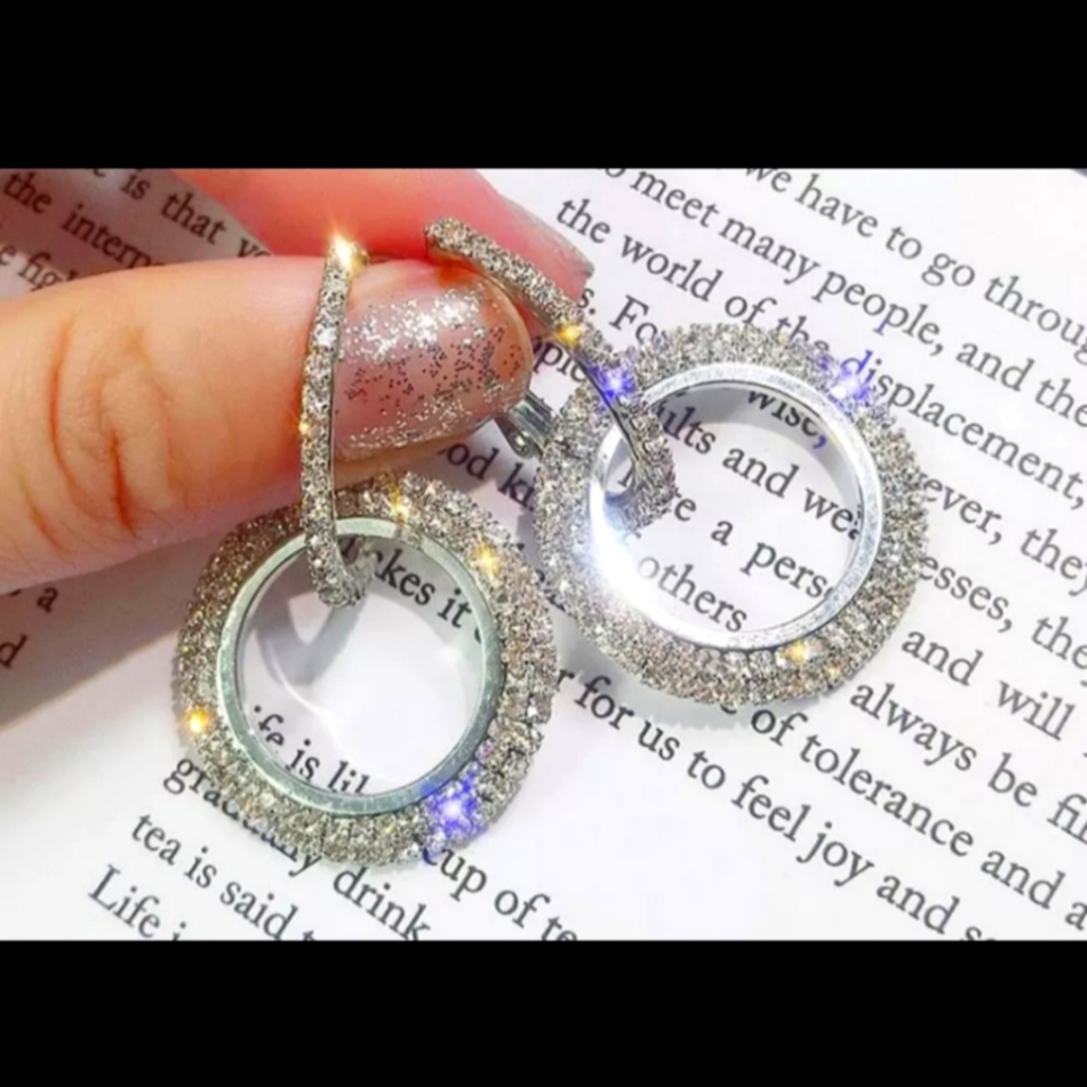 Silver Rhinestone Earrings Hoops Glam Formal Dressy Bling Cute Classic Jewelry